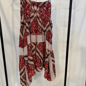 Free People Red and Cream Asymmetrical Patchwork Midi Skirt